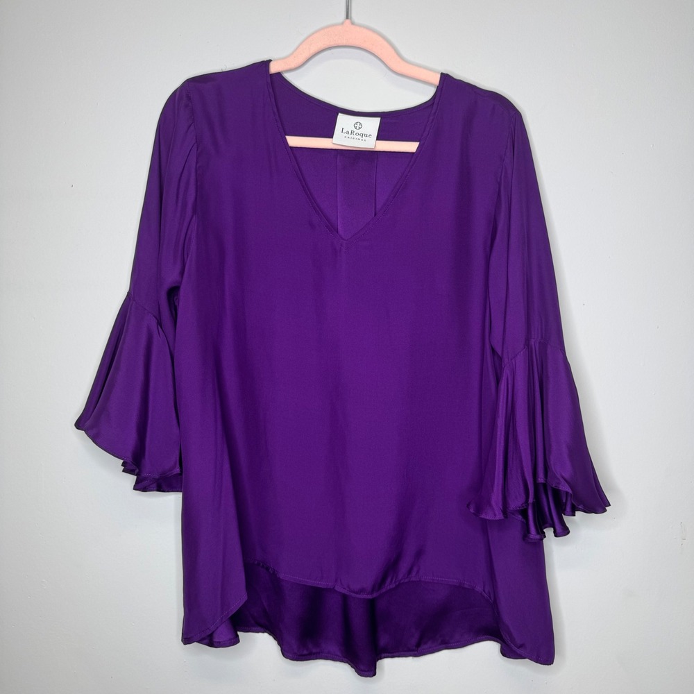 LaRoque Purple 100% Silk V-Neck Ruffle Bell Sleeve High-Low Blouse Top